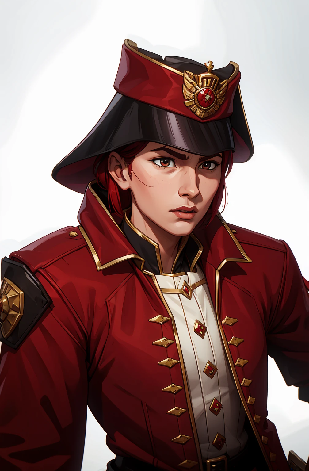 British redcoat rifleman, with musket from the 17th century, ((upper body portrait)), plain white background, standing