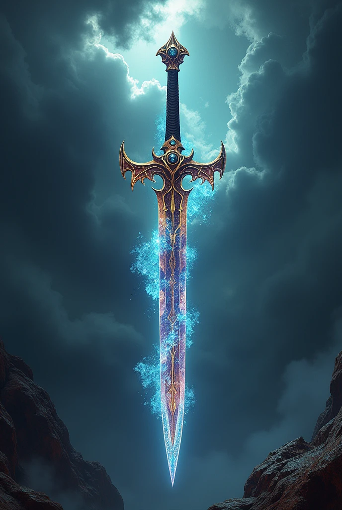 Imagine the "dagger of the gods", as shimmering, dager that contains the essence of every weapon ever forged, its a kaleidoscope of shifting forms and energies, representing the infinite possibilities of combat and creation, set against a backdrop of celestial hell and the echoes of eternal despair.