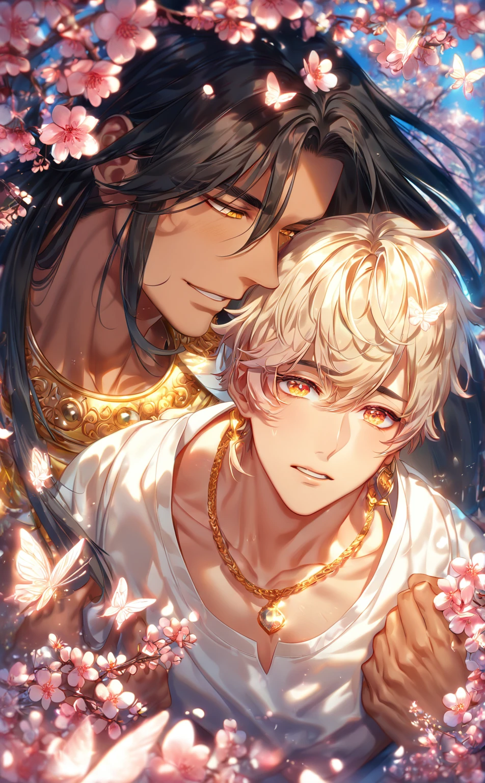 High resolution, ultra detailed, high quality, absurd resolution, HDR, best quality, master piece, detailed eyes, delicated features, tanned skin, Mimi, black long hair, expressive yellow eyes, goodbye, My King, Zhang Li, ash-blonde short hair, expressive red eyes, two men hugging, yaoi, gay couple, handsome, in love, showing the chest, white tunic, golden necklace, Egyptian, fantasy, magical, pink flowers, pink glittering butterflies, cherry blossoms, blue sky, garden, crystal light