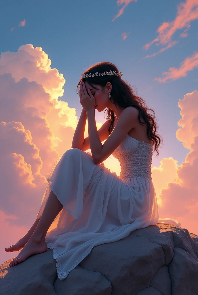 A young queen covering her face, Brown skin, sitting in a rock. The background is a beautiful sky.