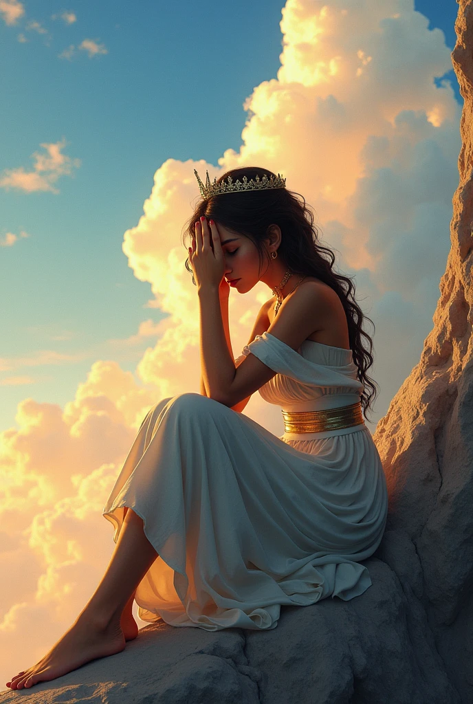 A young queen covering her face, Brown skin, sitting in a rock. The background is a beautiful sky.