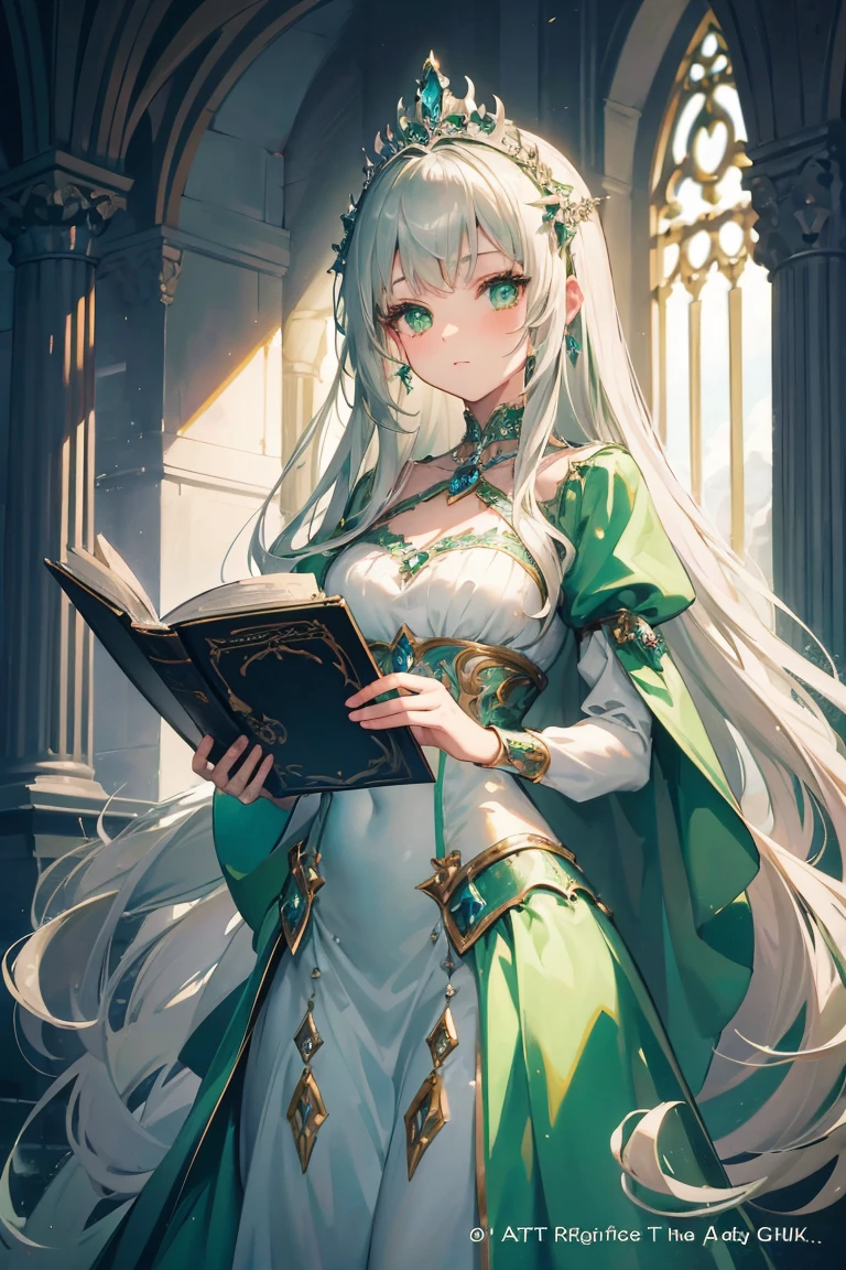 Design a fantasy book cover featuring a regal princess with striking green eyes and flowing silver hair, she is cute   kids. The princess stands in the center of the image, wearing an elegant cute gown that suggests royalty. She is set against a backdrop of a grand medieval castle with towering spires. The overall mood is fantasy , cute Princess with soft art style