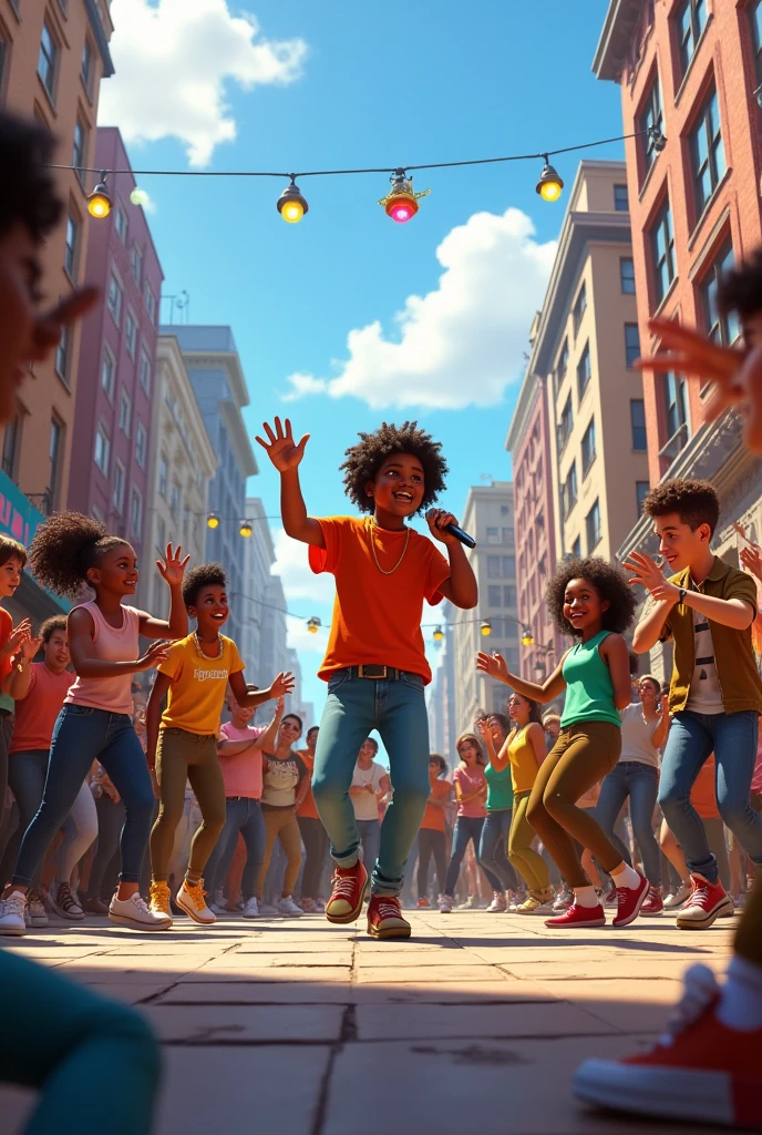 People rapping on the street with people around Disney Pixar style 
