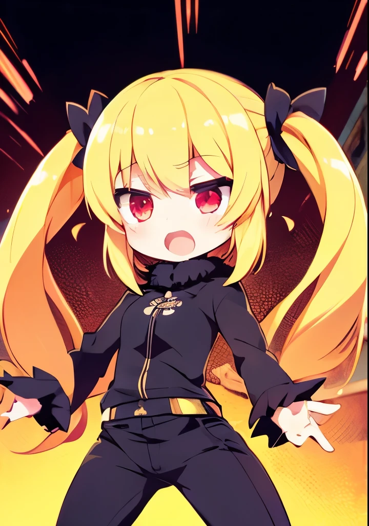 One girl, idol-like anime character, blond twin-tail hair, big mouth, burning eyes, strong eyes, screaming, looking up, barking alone, screaming but cute face, girlish fashion, bright expression, blond twin-tail hair, fall clothes, pants, focus on face, front view, red eyes Description: two hands, five fingers, no shadow on background, high resolution