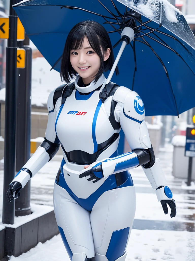 Japanese female android,Black Hair,White and blue robot suit,Plump,Walking through the city under a heavy snowfall with an umbrella,Close-up,smile,
