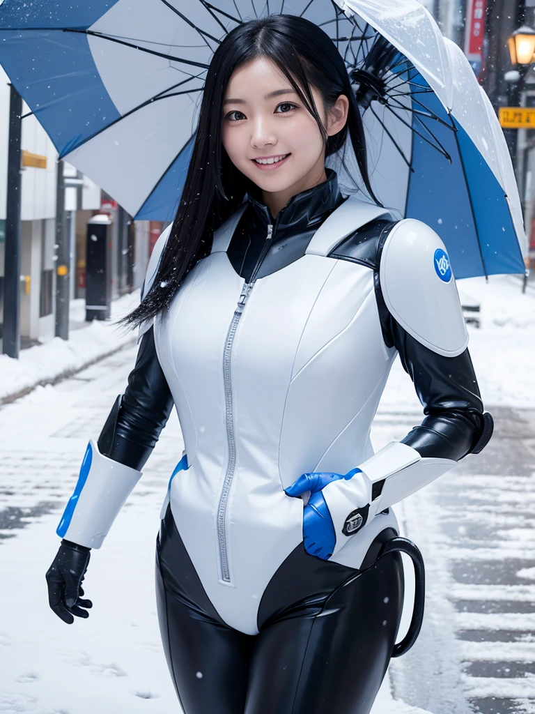 Japanese female android,Black Hair,White and blue robot suit,Plump,Walking through the city under a heavy snowfall with an umbrella,Close-up,smile,