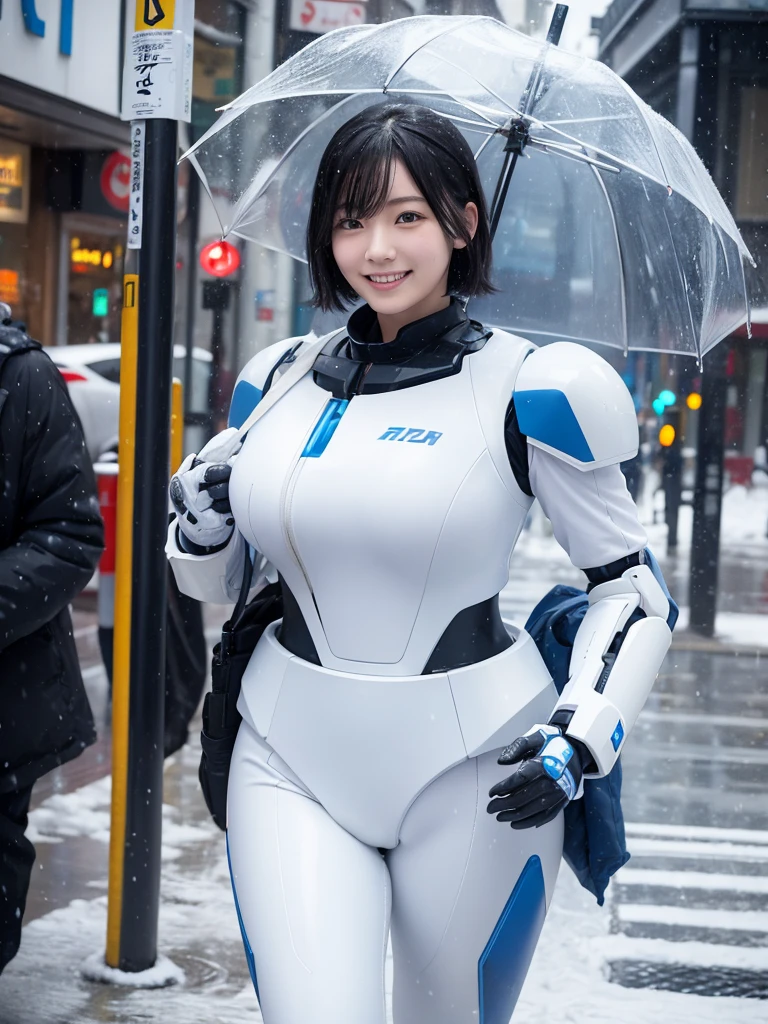 Japanese female android,Black Hair,White and blue robot suit,Plump,Walking through the city under a heavy snowfall with an umbrella,Close-up,smile,