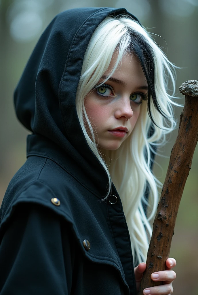 Elf-man 19 years with white long hair. On the front side his hair we see black streak. One of his eye was blue, second was yellow. He wear black coat with hood. He have wooden staff with magic rock.