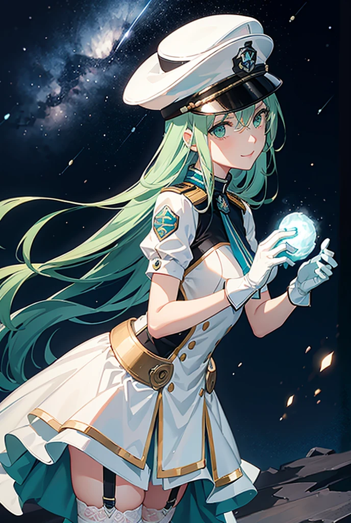 bondrewd wearing a blue peaked cap with light color green hair, 1girl, long hair, gloves, green eyes, white gloves, blue military dress uniform, pelvic_curtain, very long hair, white hair green color inner, uniform, solo, mature female, perfect body, beautiful background, (night sky, stars, comets), ultra detailed, detailed eyes, vibrant colors, many pose, detailed face, charming smile, no emblem on hat, white garter straps, both hands holding clone trooper helmet