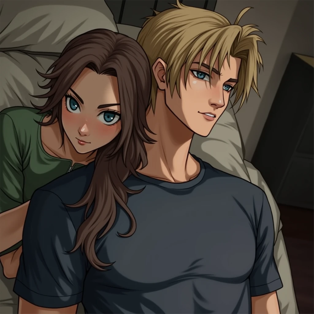 1 man, young man, 2, Leon S. Kennedy from the game "Resident Evil 4", Eudard Badaluta's face, solo, Dark blonde hair, Curtain hairstyle, navy t-shirt, lying on the bed, sporty, volumetric lighting, depth of field. 

1 woman, young woman, beautiful, curvy but slim figure, long dark brown hair, blue eyes, green dress with 3/4 zip, lying on bed.