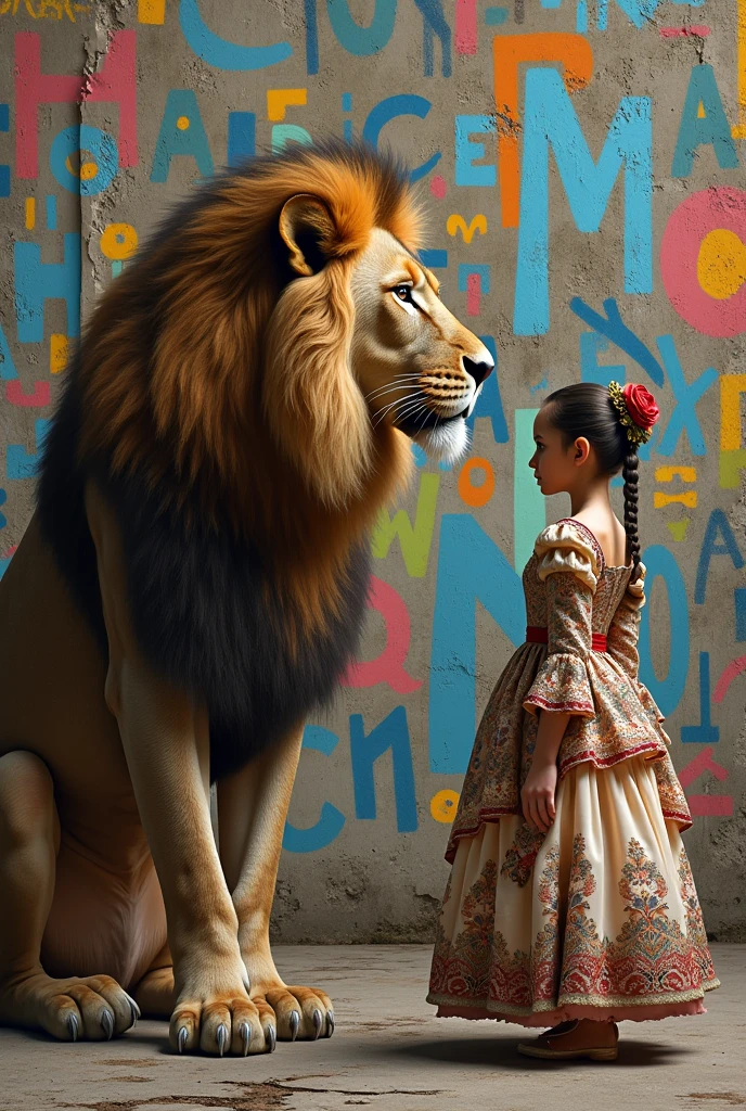 Wall with graffiti and painted letters from the drawings, a lion looking back at a girl in baroque clothing
