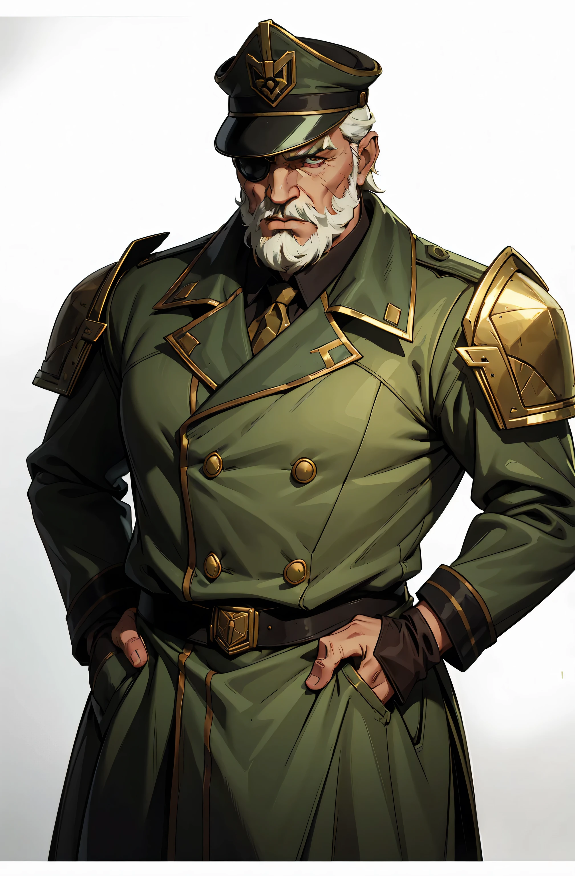 Futuristic style old male commissar, grey beard, scared face, with dark green long trench coat over an intricate military uniform, wearing eyepatch, large hat, trench coat, military insignias, curissaer armor, scars, ((upper body portrait)), taken from front, plain white background, standing