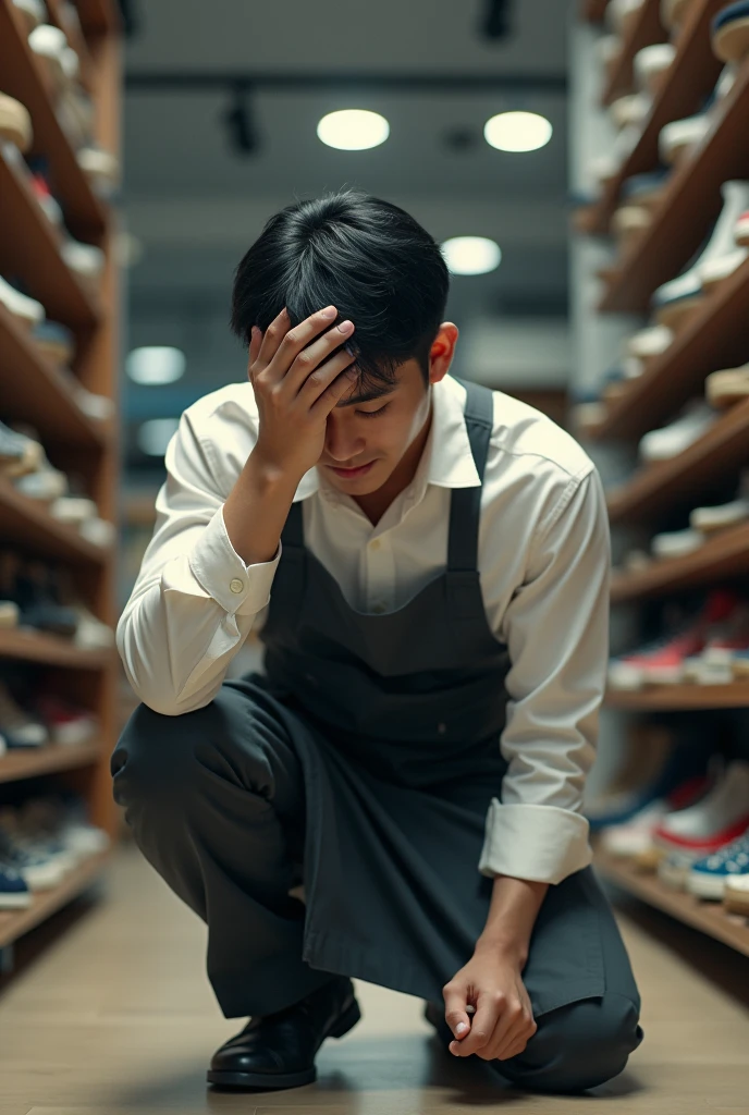 Male clerk working at a shoe store Korean Age: 30s Cry and kneel down Dressed like a shop assistant