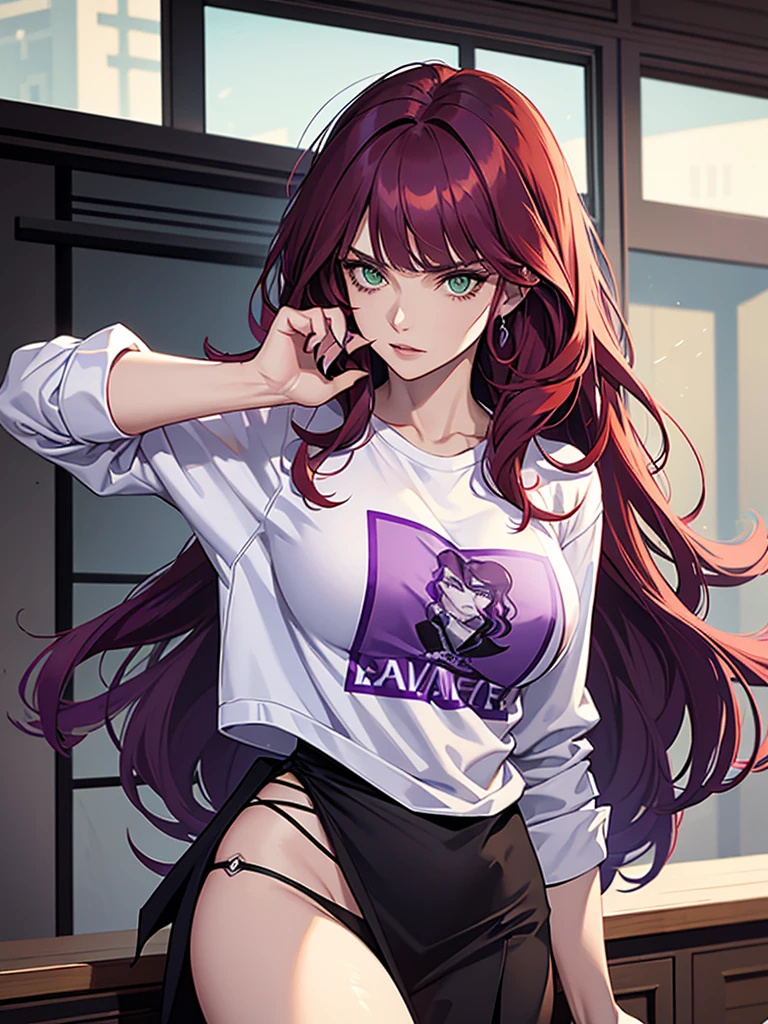 green eyes, red hair with long bangs, noble. wavy long hair. strong woman. she quiet. wear purple and black t shirt. dominant woman. mafia. mature woman. girl boss. badass woman. gangster. hair so long have bangs. gangster