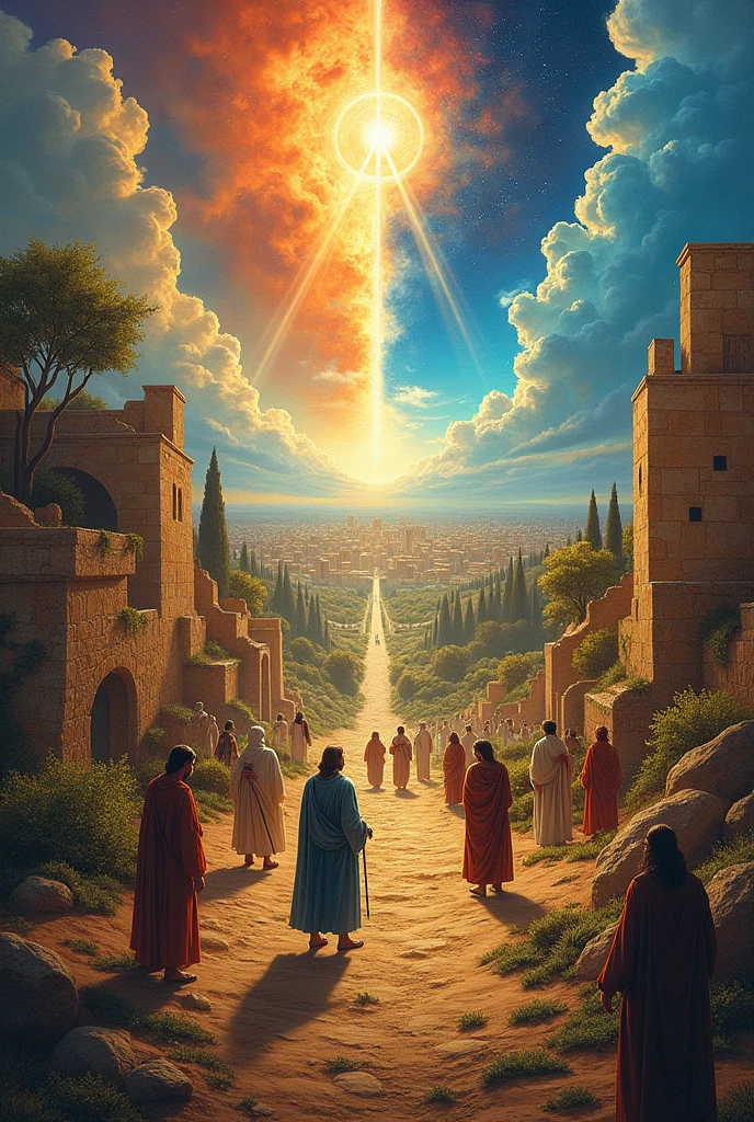 Create a panoramic illustration divided into four parts: but interconnected Genesis: Show Creation, Adam and Eve in the Garden of Eden, of Queda.
Patriarchs and Exodus: Include Abraham, the sacrifice of Isaac, Moses parting the Red Sea and receiving the Tablets of the Law.
new testament: Illustrate the birth, miracles, Crucifixion and Resurrection of Jesus, beyond Pentecost.
apocalypto: Portray the four horsemen, A Besta, and the new Jerusalem, ending with the victory of Christ.
Use a balanced style, with vibrant colors and meaningful symbols.