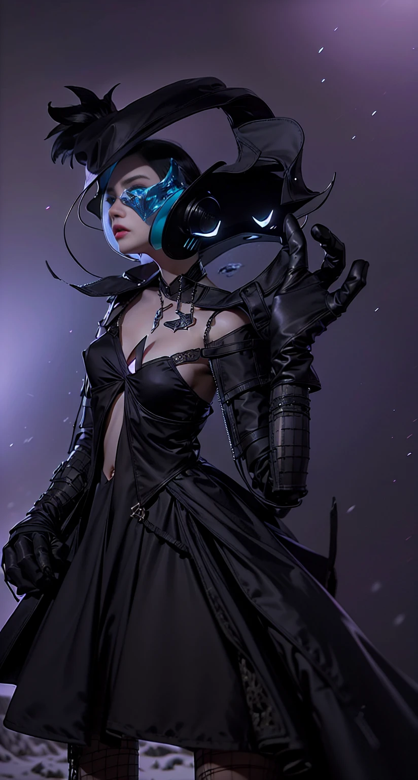 beautiful ice goddess, nice face, Very long hair, Realistic eyes, , Ice Mage, Ice Elemental, Intricate design and details, freezing fog, Cold, blizzard, ice witchcraft spell, casting an ice spell, detailed dress, (black dress:1.5), ((Navel)), realistic ice effect, Snow particles, dark fantasy style, ruined city, dramatic lighting, cinematic,
