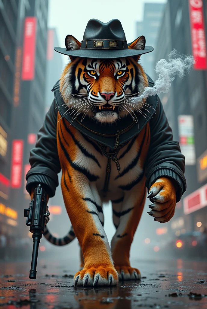 The tiger from the future has a gun, Mafia hat, smoking, While walking in the city,