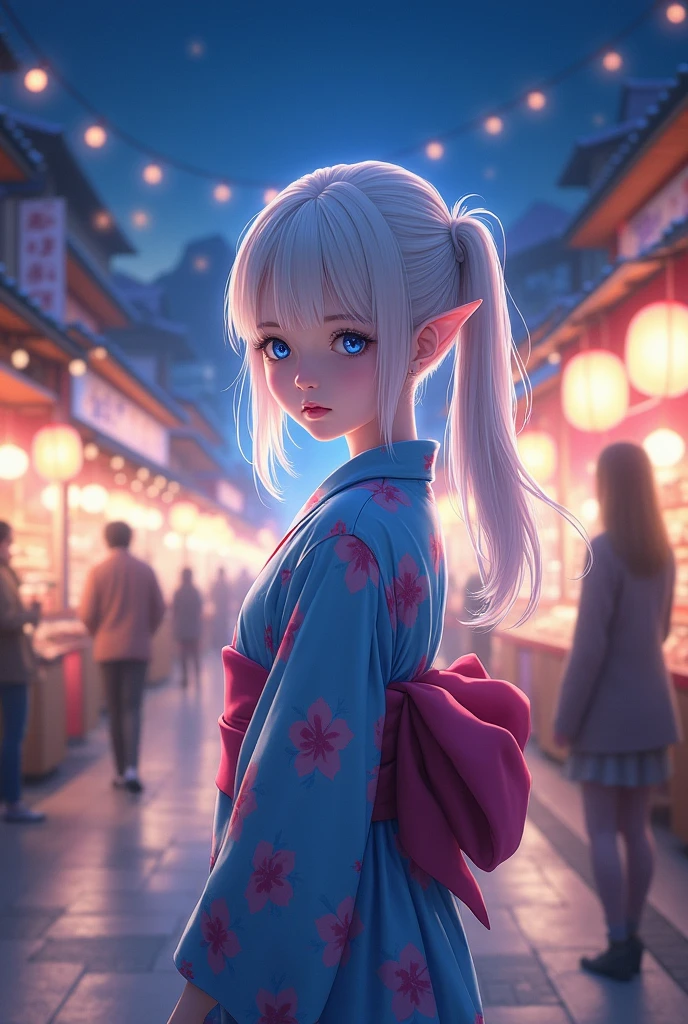 ((highest quality)), ((masterpiece)), (detailed), Perfect Face、Festive night、stall、yukata、ponytail、white、Smooth Hair、look back、blue eyes , elf