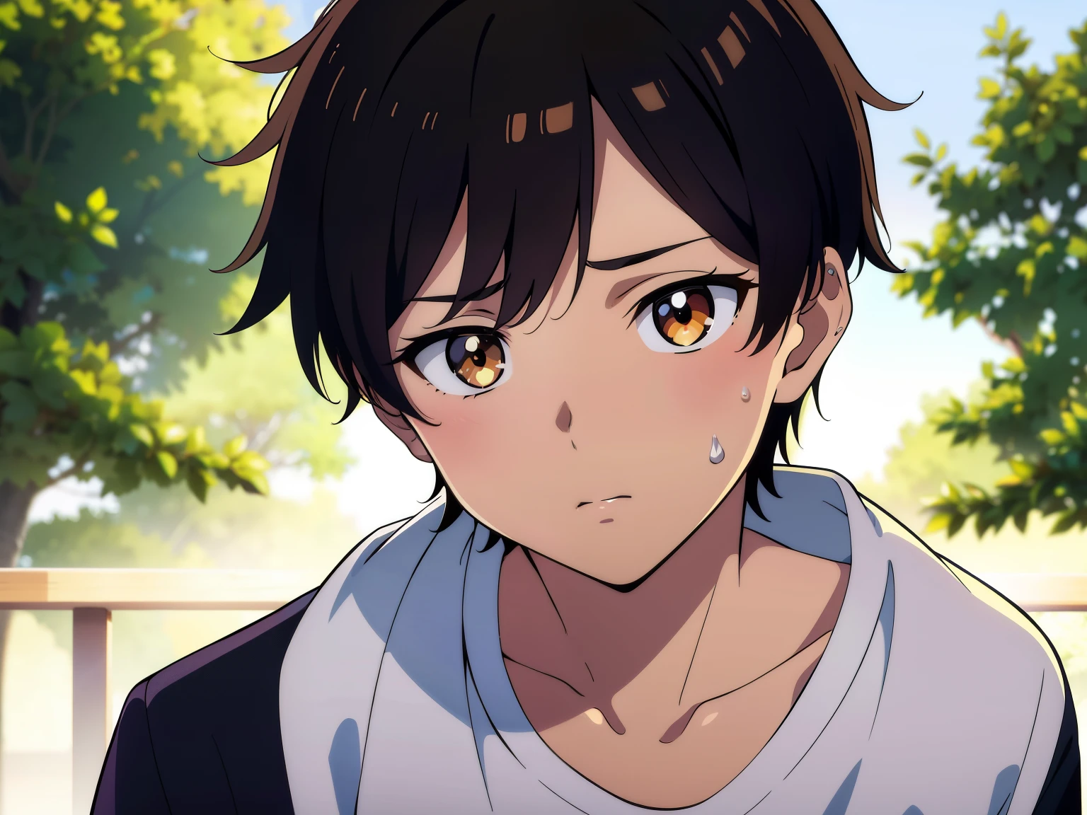 Highres, Masterpiece, Best quality at best,Best Quality,hight quality, hight detailed, Anime style, End of Period Signal, Tree middle school boys, Body, cuddle, pretty face, Shota, young boy, 15-years-old, handsome, (very young boy), (very small and short body), simple beckground, cute boy, Uhd, bokeh, sweat