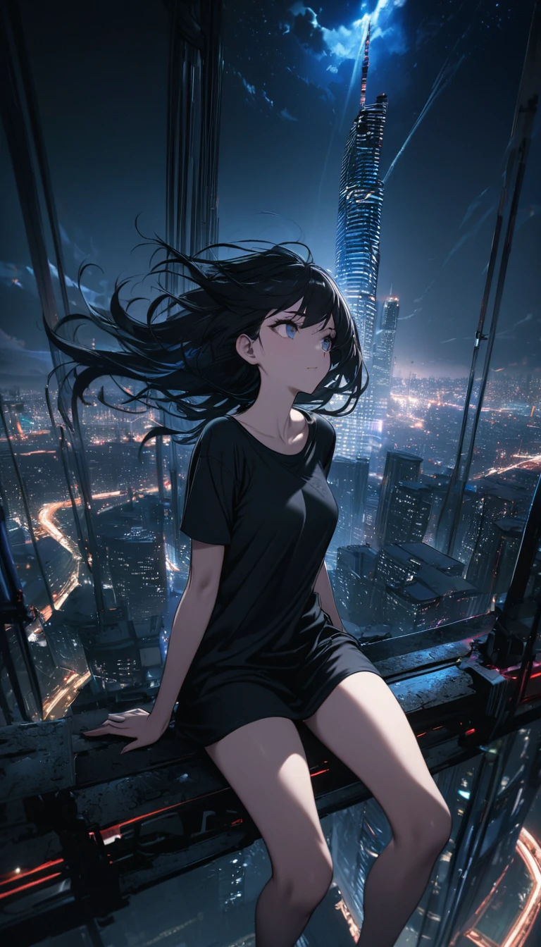 Highest quality, Super Fine, 16K, Incredibly absurd, Very detailed, Beautiful woman sitting on a trapeze suspended between two skyscrapers, Gazing into the distance, Wear a loose long T-shirt, Captivating look, Wind, Wind-effect, moonlit nightscape, (Nice views:1.1) , Heavy Metal