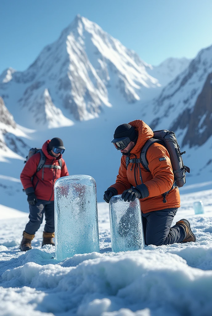 Generate an image showing a high-altitude scene from the Guliya Glacier on the Tibetan Plateau, with towering snow-covered mountains in the background. In the foreground, depict researchers in cold-weather gear analyzing ice cores. The ice cores should appear as transparent, cylindrical tubes containing ancient viral DNA.