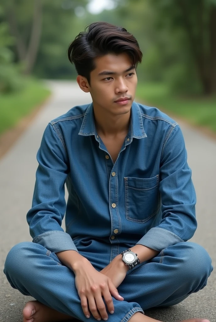 young man who was sitting on the road
(He is wearing a jean shirt and a jean long pants 