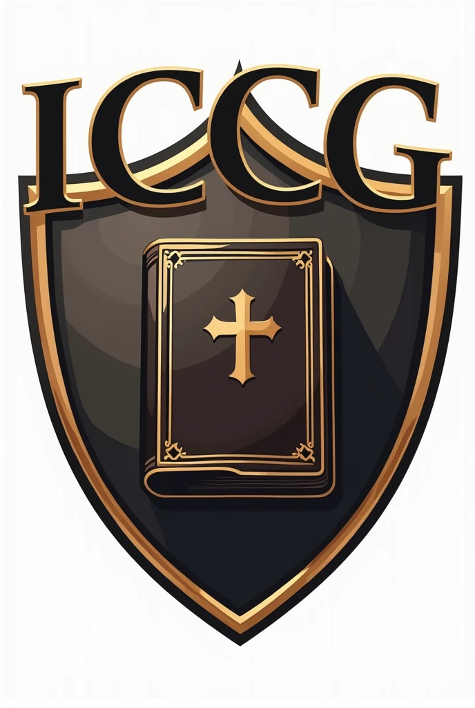 Create a Shield logo with upercase text " i c c g " and a bible