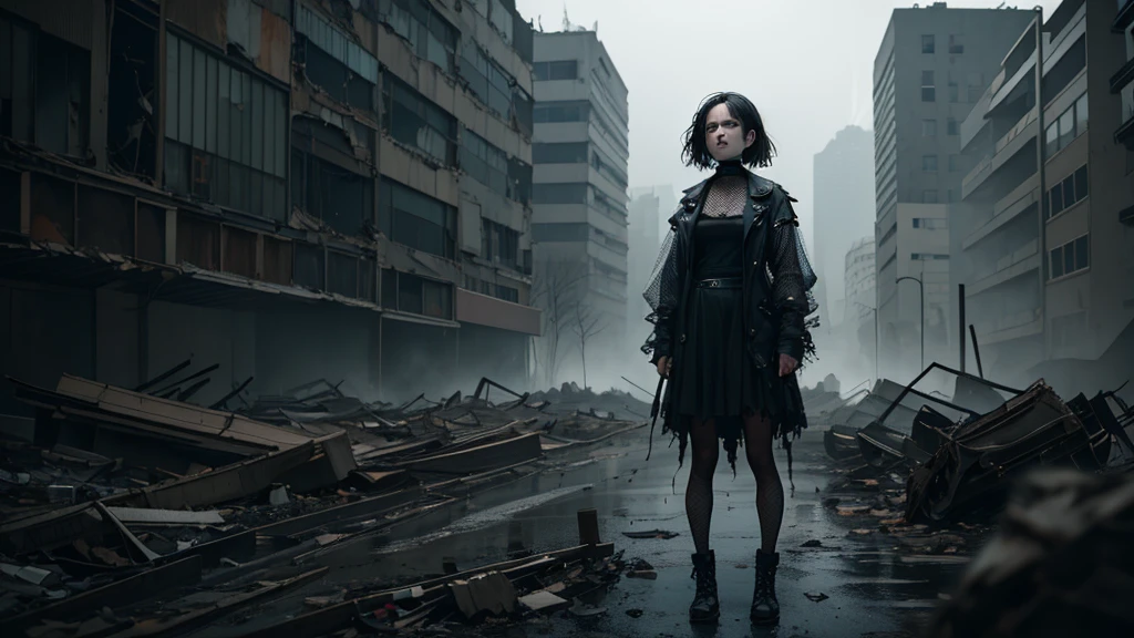 In this high-quality, black-and-white photograph, the subject is an unsettling scene of a gothic girl in tattered fishnet clothing. The girl, with her pale complexion, dark eyes, and wild, tangled hair, appears to be screaming frantically as she stands amidst a destroyed and wrecked cityscape. Her clothing, though partially see-through due to the shredded fabric, is intricately detailed, revealing fishnet patterns that suggest vulnerability while also hinting at hidden strength. The backdrop of the photograph consists of crumbling buildings and rubble, with smoke rising from various points in the distance. Fog permeates the air around her, adding an eerie atmosphere to the scene. The image captures the tension and fear present in both the girl's expression and the chaotic environment she is immersed in, creating a powerful and unsettling visual narrative that demands attention.