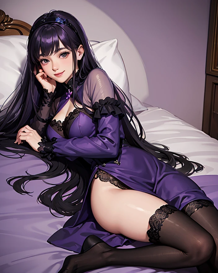 16k, a woman beautiful dress, ((purple dress and black stocking)), purple flowers in head up, smile, realistic high detailed, ultra realistic, indoor room bed sleep