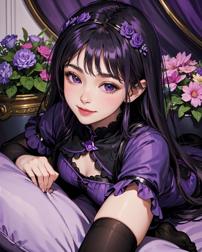 16k, a woman beautiful dress, ((purple dress and black stocking)), purple flowers in head up, smile, realistic high detailed, ultra realistic, indoor room bed sleep