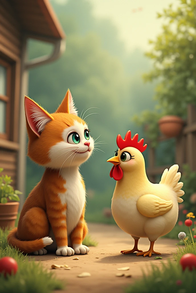 Cat talks to chicken