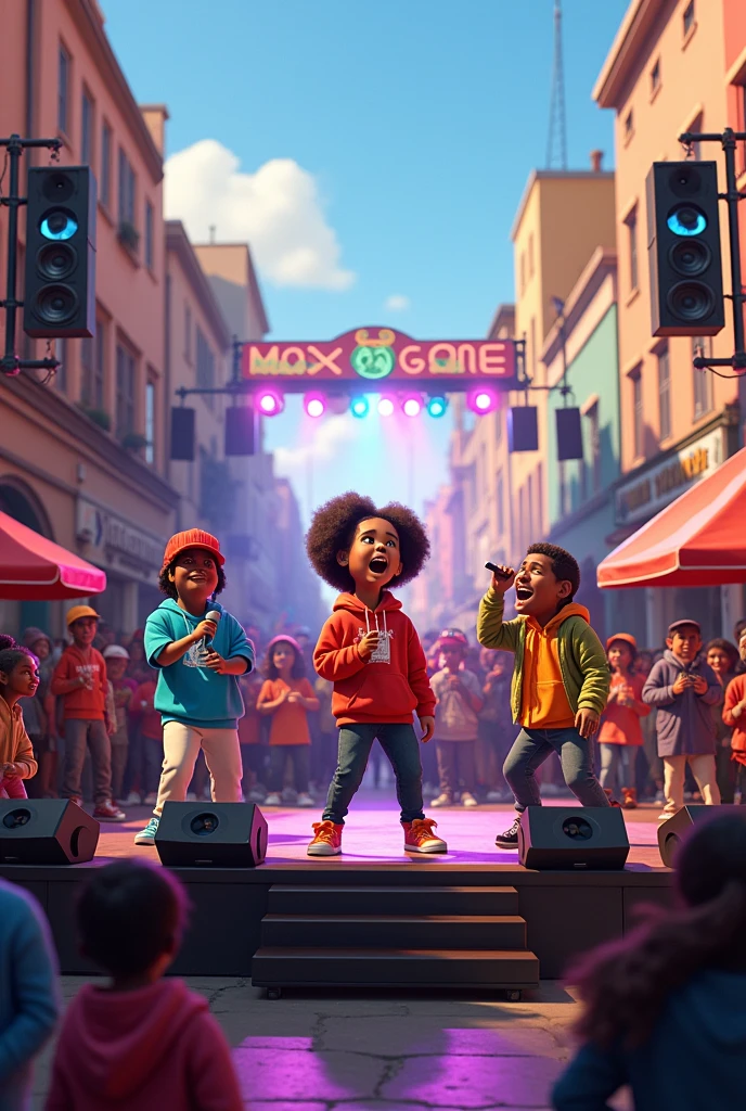 Create a stage on the street with people rapping around Disney Pixar style