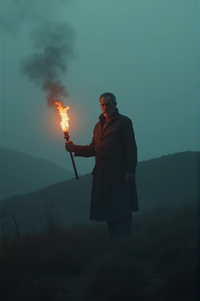 a man holding a flickering torch standing in a dark, misty field.