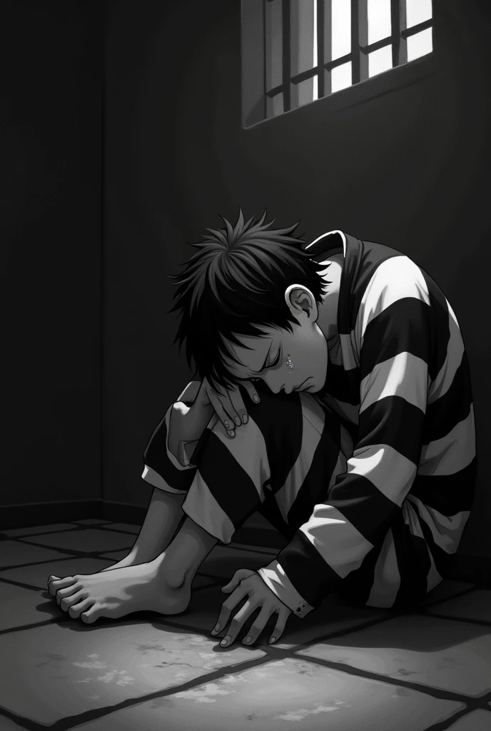 Monkey D. Luffy in a black and white striped long sleeve prison uniform with his eyes closed teary and crying inside a jail lying on the floor