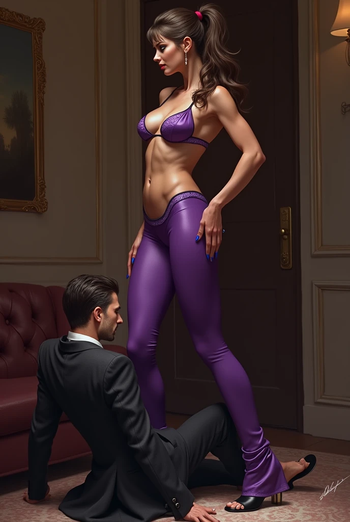 Beautiful Mistress,brown bun hairs, wearing purple shining boot-cut pants ,wearing purple shining underwear, wearing black home sandals ,mistress shouting on man, trampling man's face, man's face trampled by mistress shoe, mistress puts her shoe on man's face,  man's face trampled by mistress shoe,  man lying down under mistress, surrendering against mistress,man wearing suit, mistress victory posing on man, femdom, femdom 