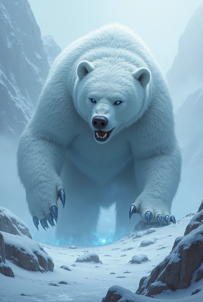 A terrifying and mysterious creature named 'Frostfang Bear,' lurking in icy mountains and frozen caves. The creature is 5 meters long and weighs about 1.5 tons, resembling a giant bear covered in thick white fur embedded with sharp ice crystals. Its claws are as sharp as icy blades, and it breathes a freezing mist from its mouth. Its eyes are a cold, icy blue, giving a chilling sensation when looked into. The scene shows the Frostfang Bear in a snowy, mountainous landscape, surrounded by ice and snow, with its icy breath visible in the cold air. The atmosphere is frigid and eerie, capturing the chilling and fearsome nature of this mythical beast.