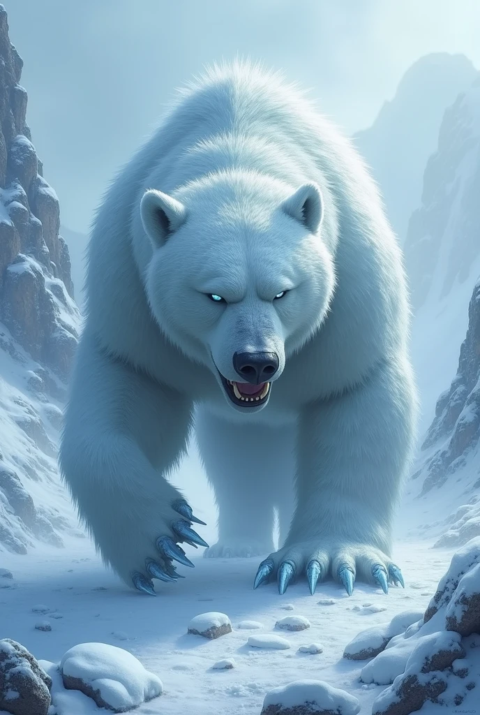 A terrifying and mysterious creature named 'Frostfang Bear,' lurking in icy mountains and frozen caves. The creature is 5 meters long and weighs about 1.5 tons, resembling a giant bear covered in thick white fur embedded with sharp ice crystals. Its claws are as sharp as icy blades, and it breathes a freezing mist from its mouth. Its eyes are a cold, icy blue, giving a chilling sensation when looked into. The scene shows the Frostfang Bear in a snowy, mountainous landscape, surrounded by ice and snow, with its icy breath visible in the cold air. The atmosphere is frigid and eerie, capturing the chilling and fearsome nature of this mythical beast.