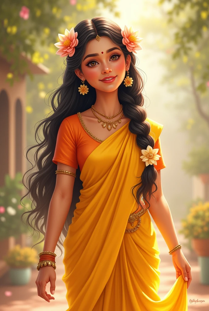 Mata Parvati is depicted in a serene and joyful manner, dressed in a vibrant yellow saree paired with an orange blouse. Her hair is styled in a neat braid adorned with delicate flowers, adding a touch of grace and beauty. Her warm smile reflects her nurturing and affectionate nature, embodying both tranquility and divine elegance.