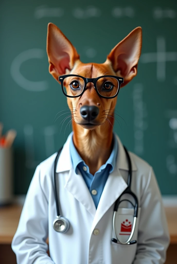 Make a funny image of a pinscher dog dressed as a doctor as if he were a science teacher for a profile picture on the Tik Tok channel called Curious Luke