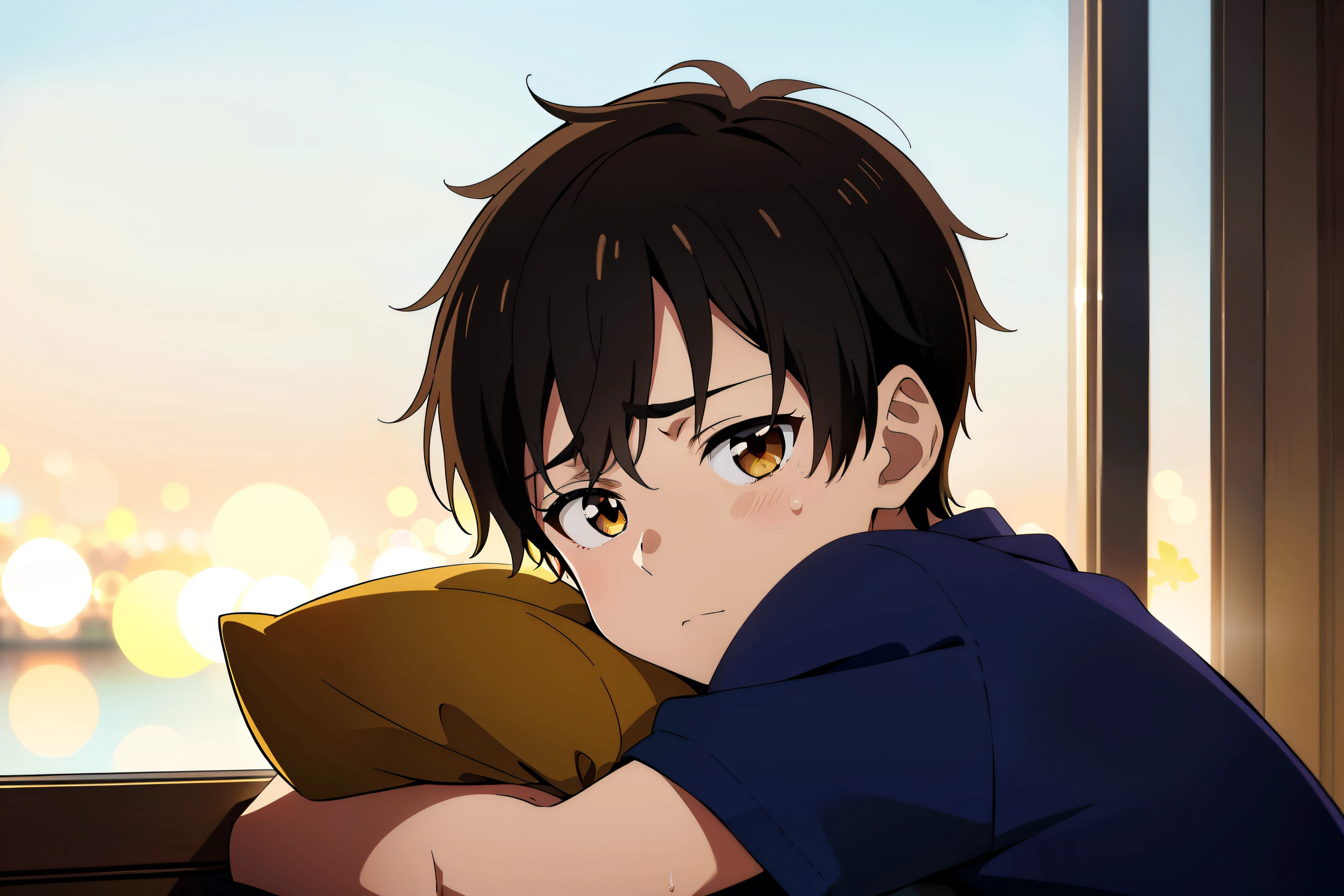 Highres, Masterpiece, Best quality at best,Best Quality,hight quality, hight detailed, Anime style, two boy, teenager, cuddle, pretty face, Shota, young boy, 15-years-old, handsome, (very young boy), (very small and short body), simple beckground, cute boy, Uhd, bokeh, sweat