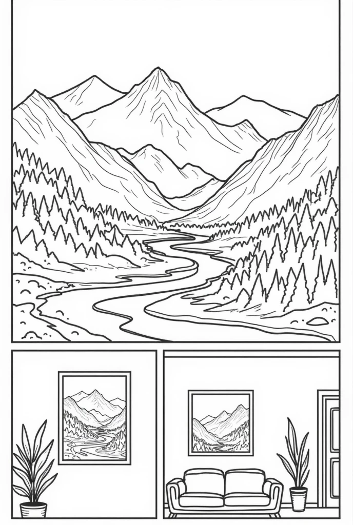 Make a comic strip:

Show a beautiful mountain landscape.
Then show the landscape on a phone camera.
Then show the picture taken framed inside a house

Make the art colorless like a coloring book