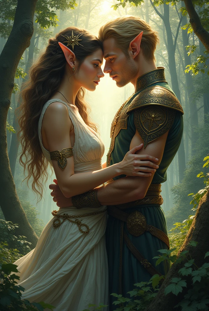 Create a cover for a romance book with the name Alliance in Fire Between Two Elves the woman is a forest elf and the man is an iron city elf