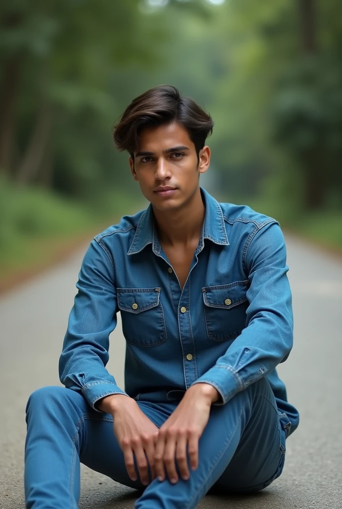 young man who was sitting on the road
(He is wearing a jean shirt and a jean long pants