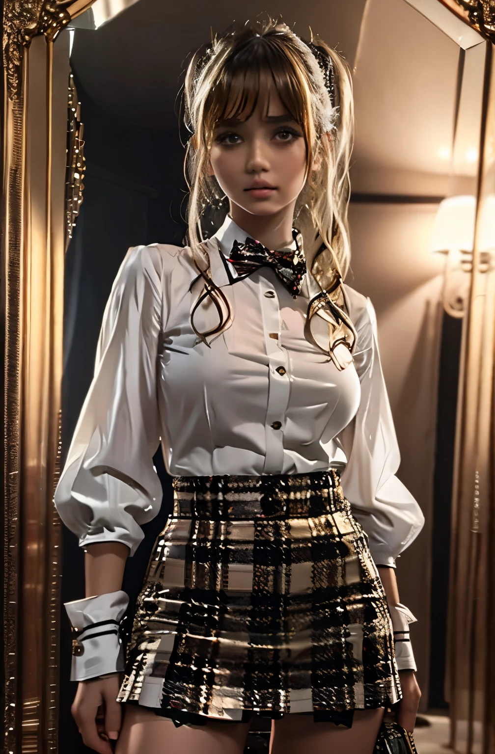 Girl dressed as a student, With a plaid micro skirt and a white blouse, luxury bedroom with a giant mirror behind her and her closet full of expensive clothes. big breasts and small waist, blonde twintails, good girl face, younger:1.3, low angle shot 