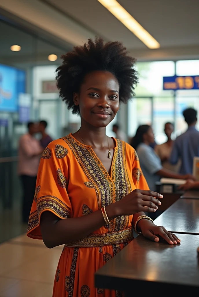 An rural african woman in a nice dress opening a bank account at a bank till. Bank ambience sjould show