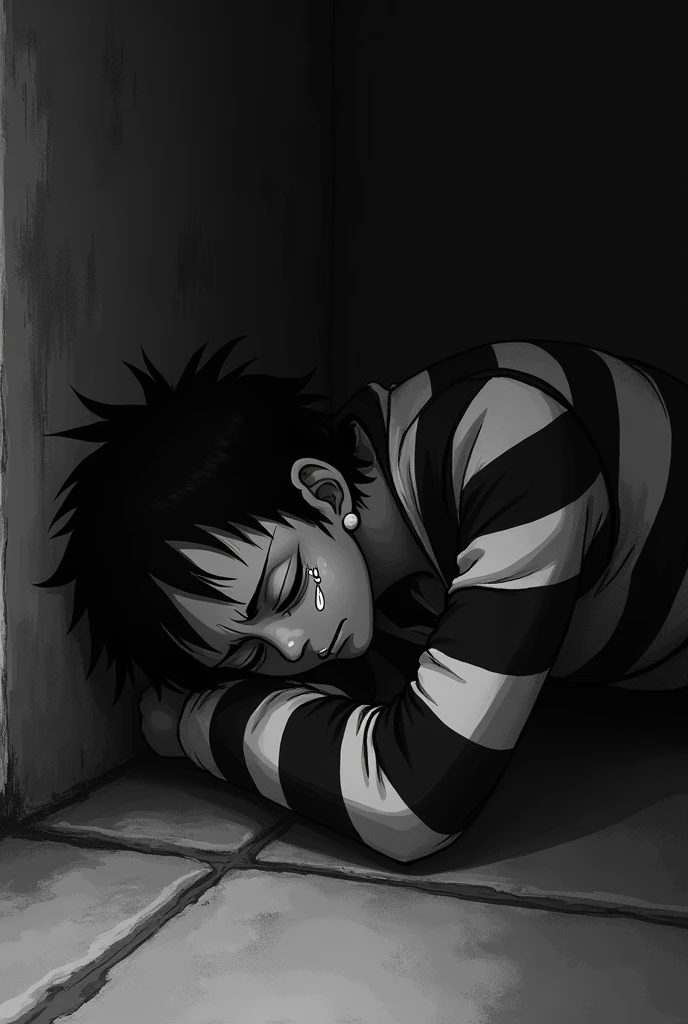 Monkey D. Luffy in a black and white striped long sleeve prison uniform with his eyes closed teary and crying inside a jail lying on the floor