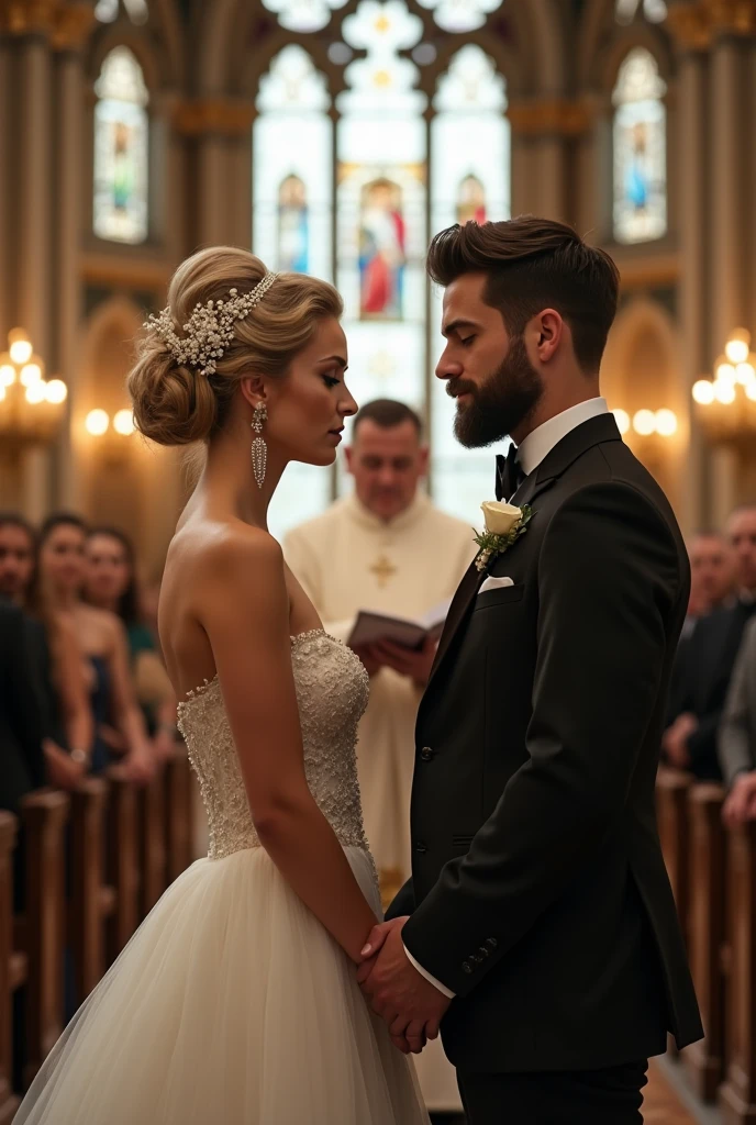Cover for romantic novel where beautiful bride and groom positioned at the center, in front of Priest in beautiful and elegant church with soft lighting and full off guests. Bride and Grom stands separate. Cinematic action scene, highly detailed, wide shot, Low Angle Shot, 4K, highly detailed, epic scene, dynamic scene. The Priest stands between the bride and groom, reciting vows. MALEFICENT DANICA, an elegant bride in her 30s. The woman appears elegant and romantic. Her hair is styled in an updo, with her blonde or light brown hair gathered at the back of her head. A decorative hair accessory, resembling a floral or jeweled headband, adorns her hairstyle. She wearing a luxury wedding, as her shoulders and upper chest are bare. The woman is wearing earrings that appear to be dangling or drop-style, adding to her sophisticated look. Her makeup is noticeable but elegant, with what appears to be darker eye makeup enhancing her eyes. Her facial expression is soft but tense. Her eyes are nearly closed, and her lips are slightly parted, conveying a sense of emotional anticipation. PEYGAN SINCLAIR, a handsome man in his early 30s. The man looks elegant and stylish. He has a well-styled haircut featuring a classic look. His hair is medium-length on top with a slight wave, adding volume and texture, while the sides and back appear shorter and neatly trimmed. The hairstyle is likely achieved with a side part, giving it a clean, refined appearance. The overall look is polished, emphasizing his facial features and contributing to his sophisticated style. His beard is neatly groomed, featuring a full but close-cropped style that contours his face well. It appears evenly trimmed, with the thickness distributed uniformly across his jawline, chin, and upper lip. The beard connects smoothly with his mustache, creating a continuous and polished look. This style enhances his strong jawline and adds a touch of ruggedness while maintaining a clean and sophisticated appearance.. His skin