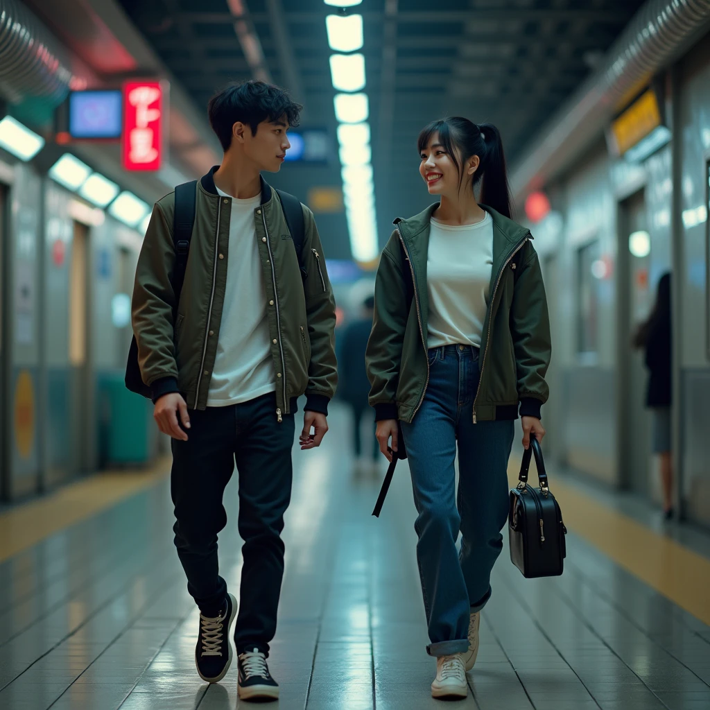 high resolution, full body view, photogenic, Japanese woman, beautiful radiant face, black hair in a bun, wearing a T-shirt, combined with a bomber jacket and sneakers, modern and stylish, combined with a small bag on her back, walking with a young man, clean face, train station environment in tokyo city at night, dynamic, very detailed,High Resolution, Masterpiece, High Details, Textured Skin,