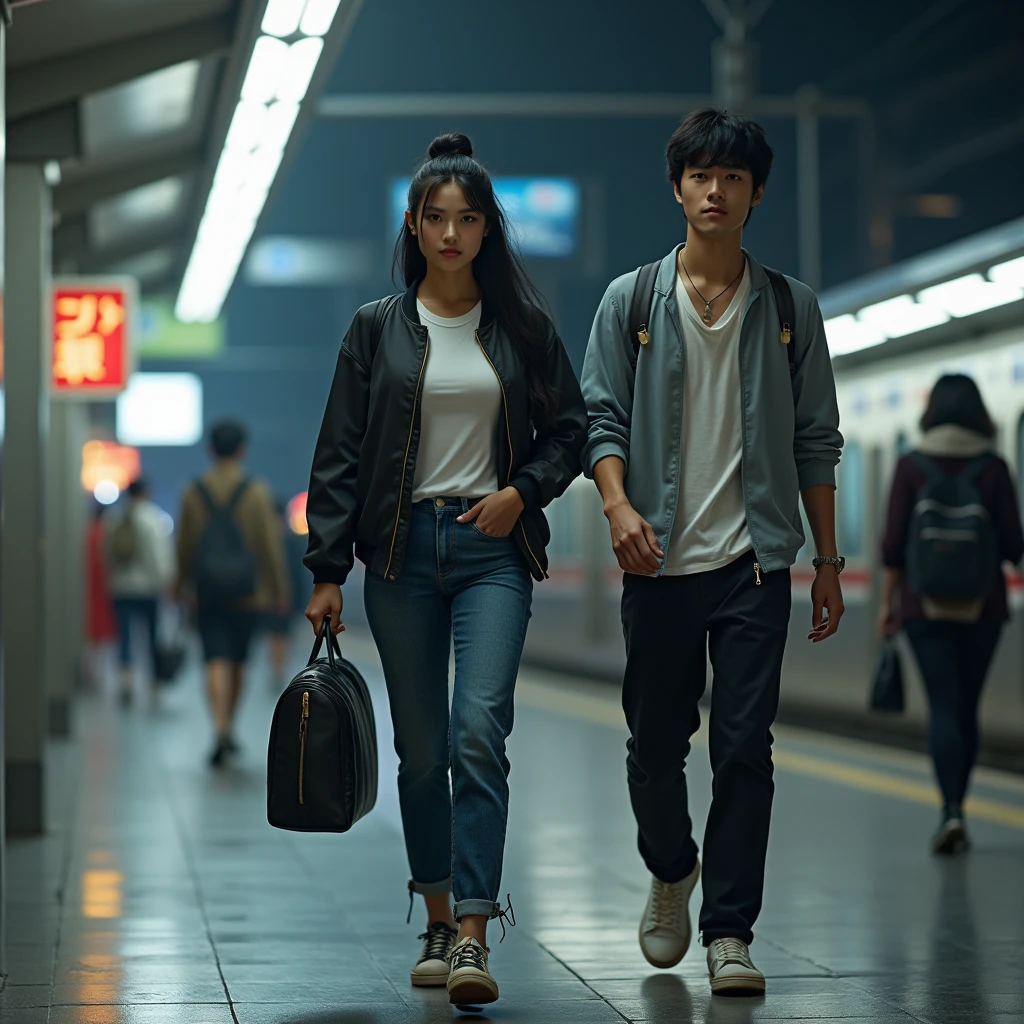 high resolution, full body view, photogenic, Japanese woman, beautiful radiant face, black hair in a bun, wearing a T-shirt, combined with a bomber jacket and sneakers, modern and stylish, combined with a small bag on her back, walking with a young man, clean face, train station environment in tokyo city at night, dynamic, very detailed,High Resolution, Masterpiece, High Details, Textured Skin,