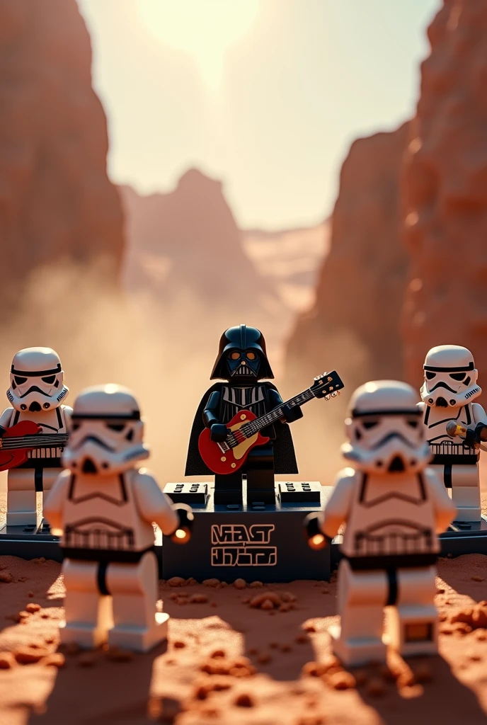 Photorealism 1.4 realistic realism high detailed definition  Lego minifig  4 stormtrooper with guitar and drum set  dart Vader play guitar and sing at desert concert with lighting guitar amplifier and lighting smoke effect stage